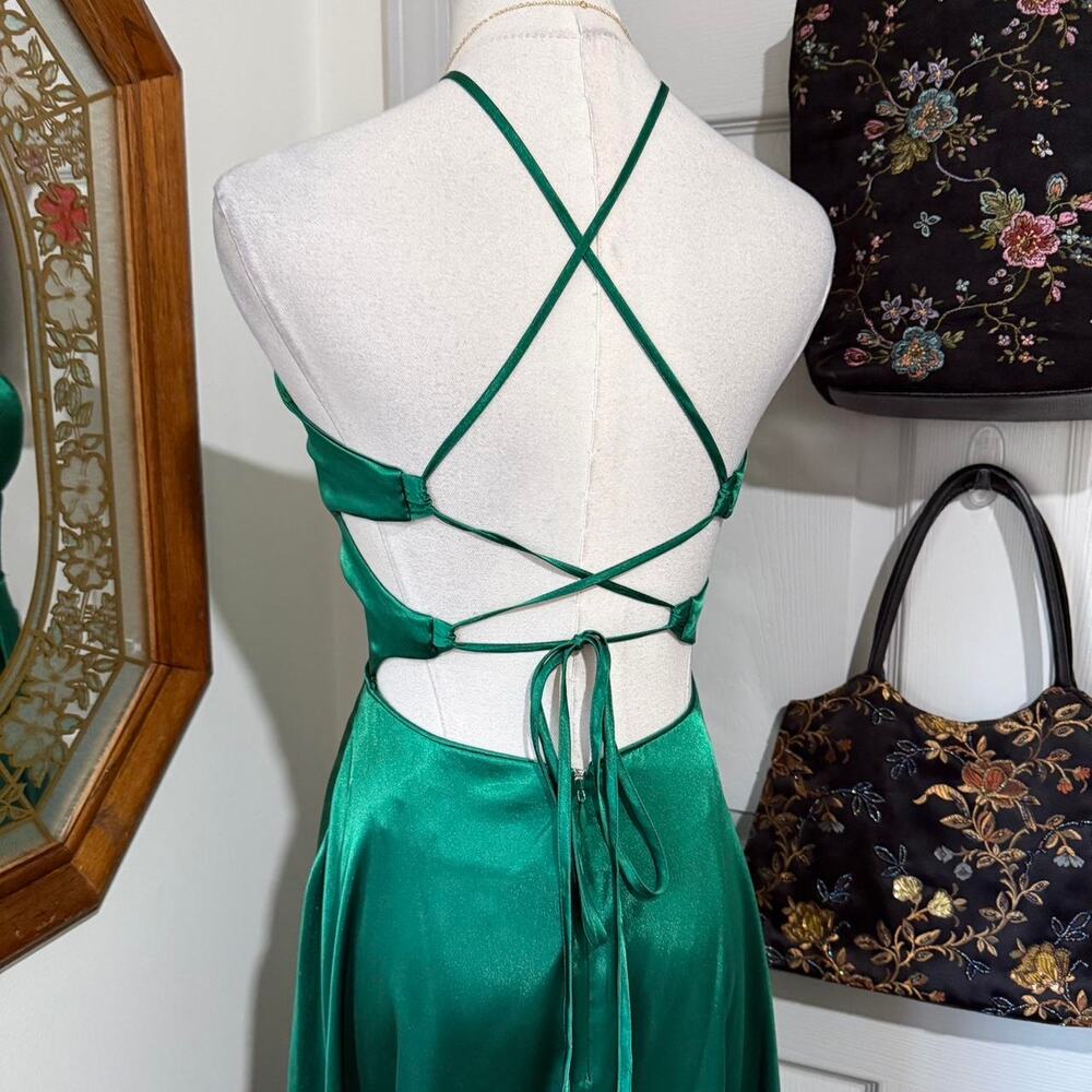 Y2K Blondie Nites Emerald Green Satin Halter Neck Lace Up Corset Formal Dress 3 - Picture 2 of 6